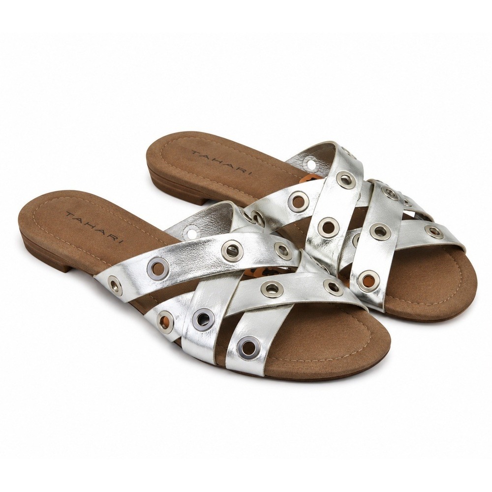 Tahari Silver Grommet Strappy Sandals Flats Women's Size 7 Slip On Shoe